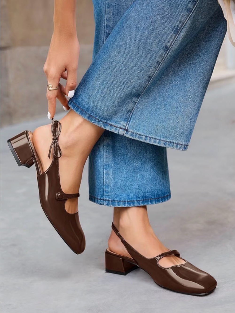 Brown Patent Slingback Block Heel Pumps - Women's